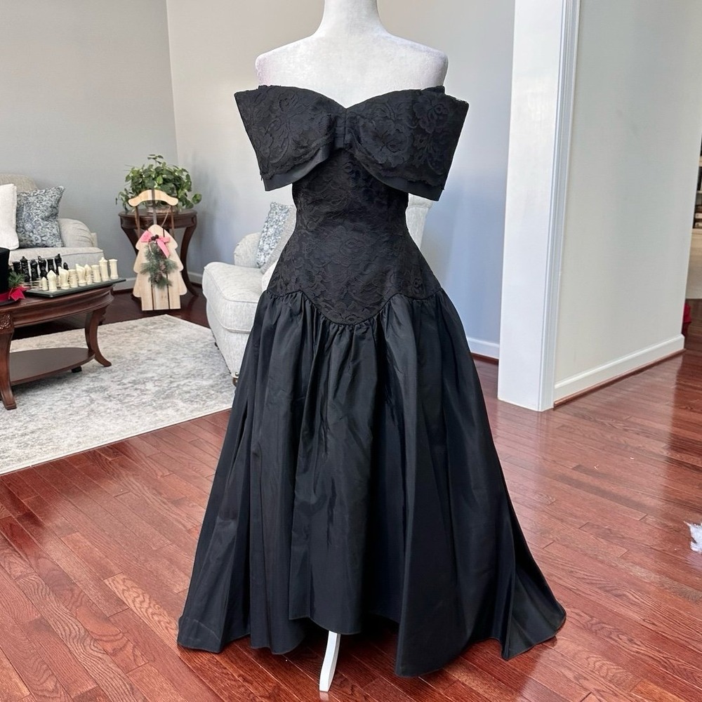 US Vintage Elegant Black Off the Shoulder Drop Waist Lace High‎ Low Gown Dress